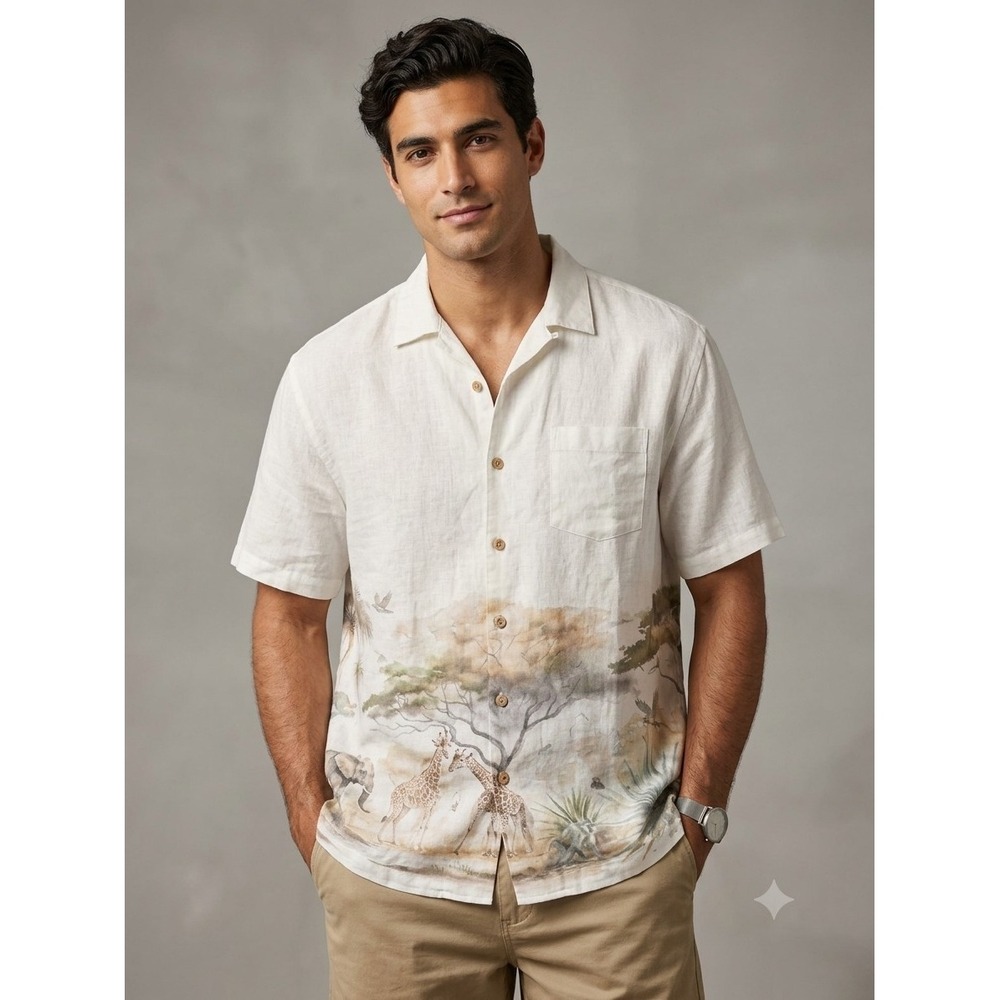 Cremieux Blue Label Cape Town Short Sleeve Camp Wildlife Print Shirt Linen XL